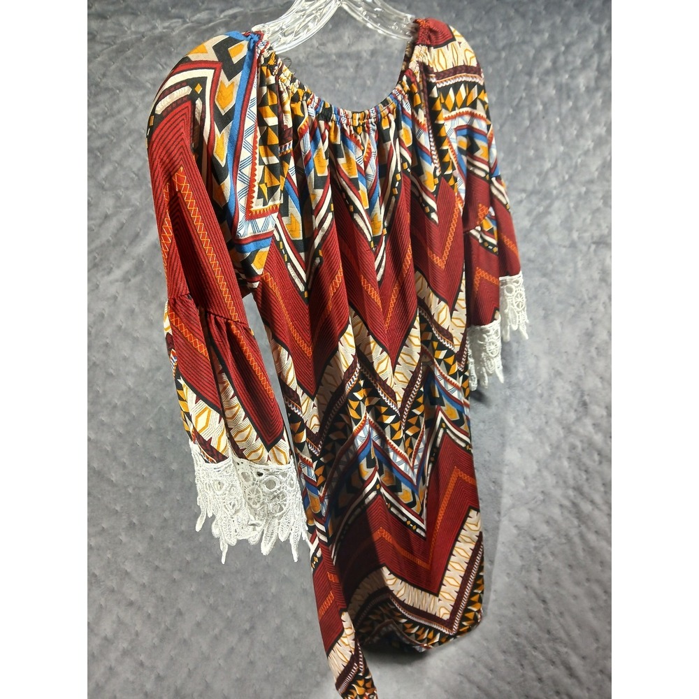 WinWin Half Sleeve Lace Tunic Top Red Geometric Chevron Boho S-M - Picture 9 of 9